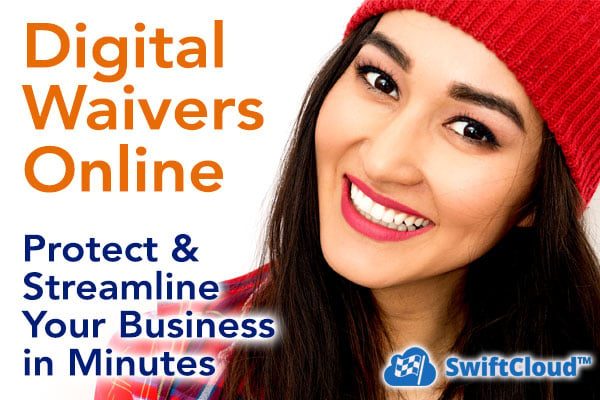 Digital Waiver Software with smiling woman and text "Protect & streamline your business in minutes"
